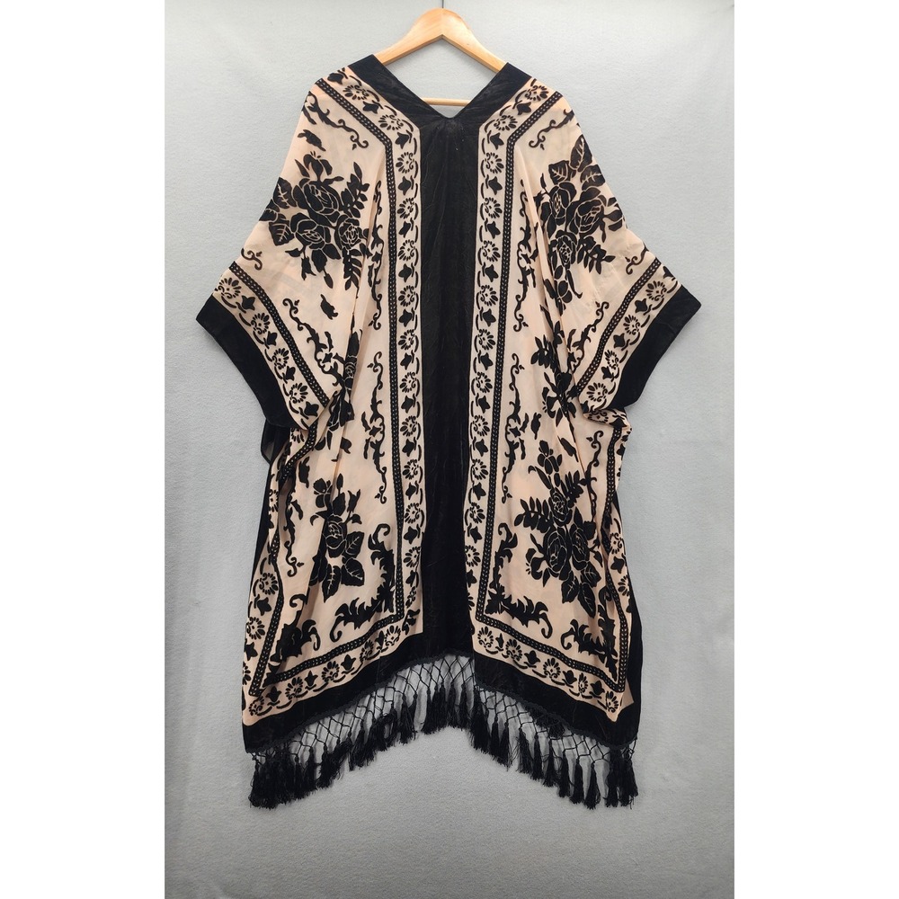 Free People OS Burnout Velvet Kimono Fringe Floral Wrap Black Pink Oversized NWT - Picture 11 of 13